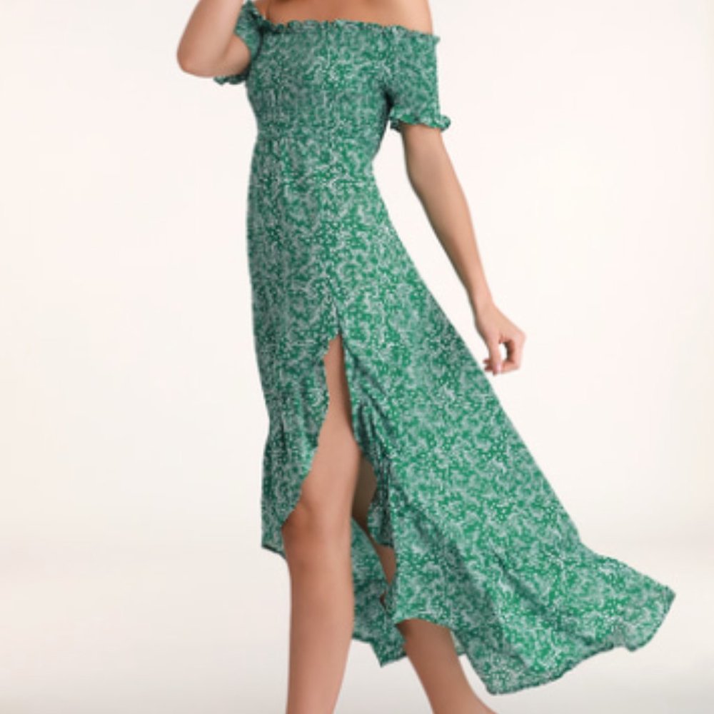 Green Floral Print Off-the-Shoulder Midi Dress